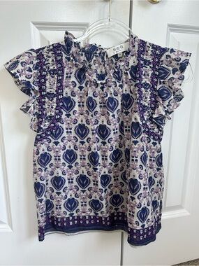 Sea New York Purple and Cream Floral Print Ruffle Sleeve Blouse